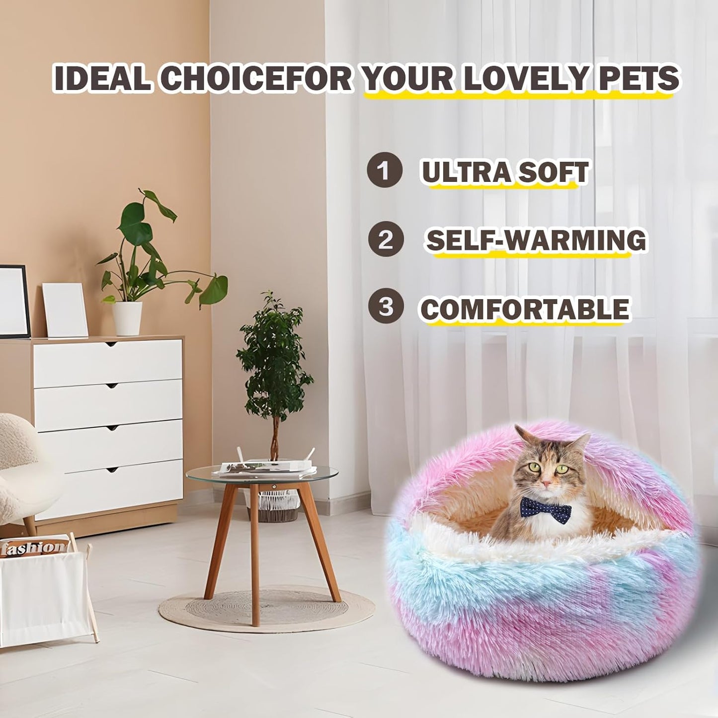 Cat Bed for Indoor Cats, Calming Cozy Cave with Self-Warming Plush, Entire Bed Machine Washable & Anti-Slip Base, Breathable Pet Bed for Small Cats&Dogs All Seasons (Dazzling Colors, 20 * 20inch) - Pet Explorer