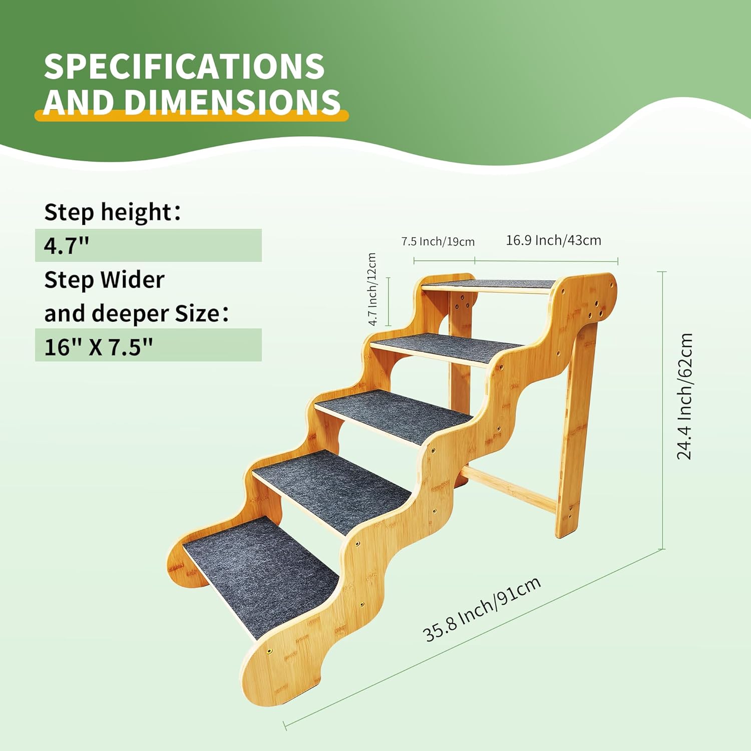 Dog Steps for Bed,24 Inches 5 Step Dog Stairs for Senior Pets to Get On 30 Inches High Beds/Car,Made of Bamboo Can Support Large Dogs Weighing Up to 160 LB - Pet Explorer