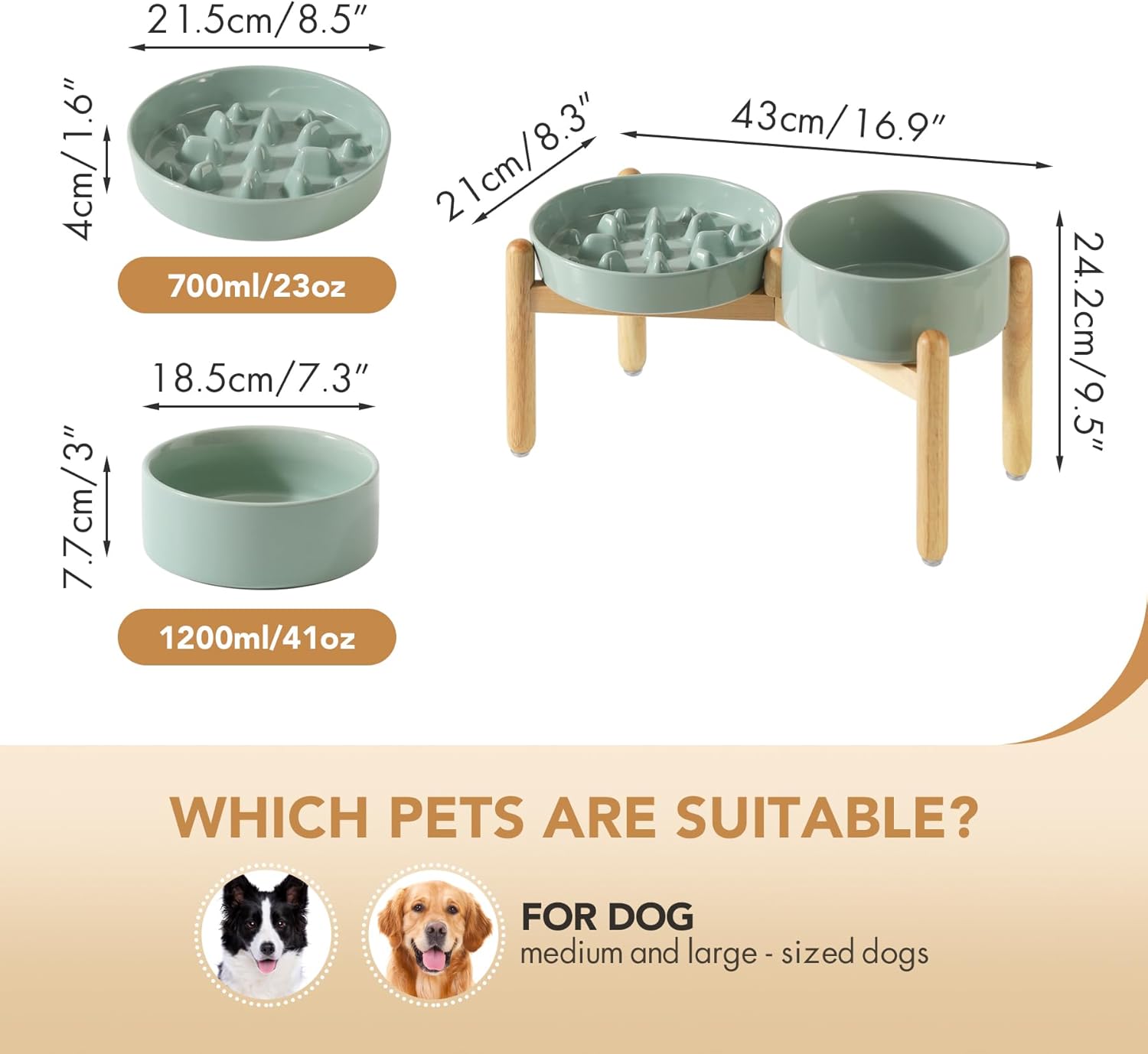 Ceramic Raised Slow Feeder Dog Bowl Set, Elevated 7.3inch Bowl and 8.2inch Slow Pet Food Dish with Wooden Stand for Medium and Large Dog (2 x Light Green+ Stand) - Pet Explorer