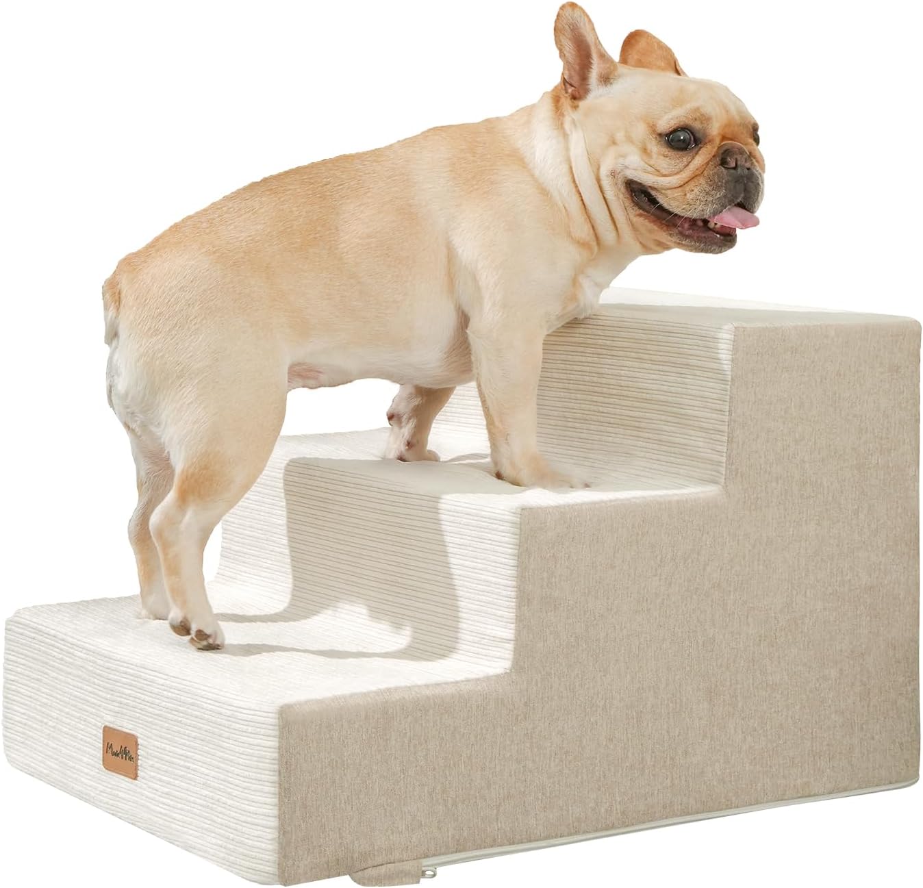 Made4Pets Dog Stairs for Small Dogs, Extra Wide Dog Steps for Bed Couch Sofa and Chair, 35D Foam Pet Steps for Small Dogs and Cats, Non-Slip Bottom Pet Stairs, Beige, 3 Steps - Pet Explorer