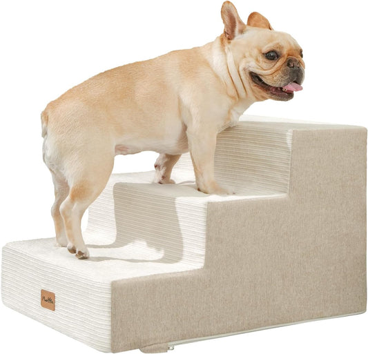 Made4Pets Dog Stairs for Small Dogs, Extra Wide Dog Steps for Bed Couch Sofa and Chair, 35D Foam Pet Steps for Small Dogs and Cats, Non-Slip Bottom Pet Stairs, Beige, 3 Steps - Pet Explorer
