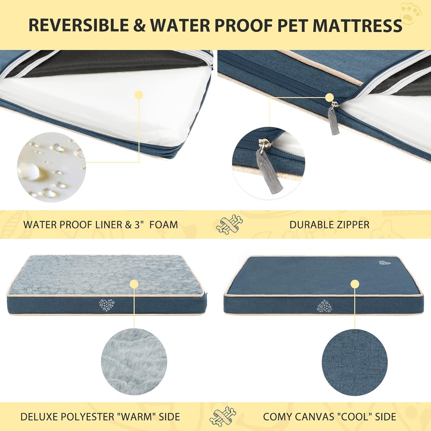 VANKEAN Waterproof Dog Crate Pad Bed Mat Reversible (Warm&Cool), Removable Washable Cover & Waterproof Inner Lining, Pet Crate Mattress for Cats and Dogs, Joint Relief Dog Bed for Crate, Navy - Pet Explorer