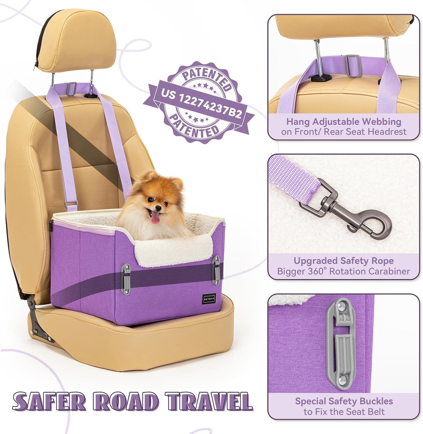 PETSFIT Small Dog Car Seat, Patent Safe Buckles Dog Booster Car Seat, Dogs Carseat with Safety Belt, Suitable for Small Pets Up to 25lbs (Purple) - Pet Explorer