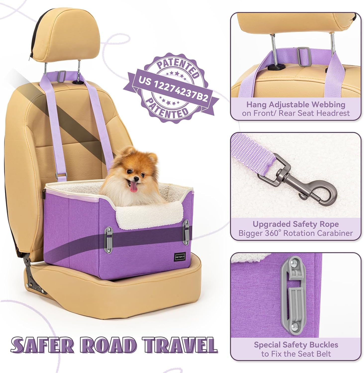 PETSFIT Small Dog Car Seat, Patent Safe Buckles Dog Booster Car Seat, Dogs Carseat with Safety Belt, Suitable for Small Pets Up to 25lbs (Purple) - Pet Explorer