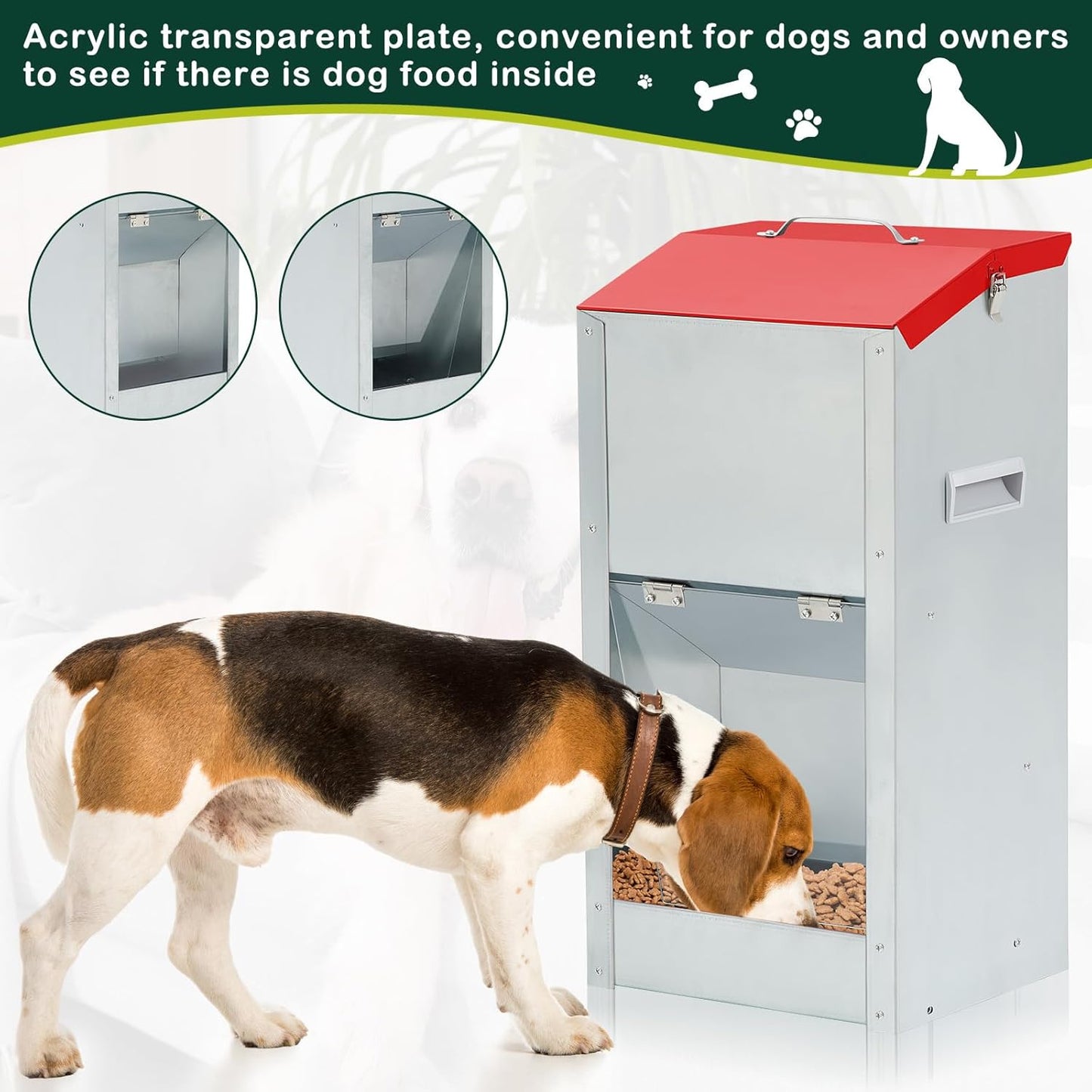 2 Pcs 25 Lbs Large Automatic Dog Feeders with Handle Acrylic Panel Galvanized Gravity Feeder Outdoor Hanging for Doggie Breed Dog Food Dispenser Container(Red)