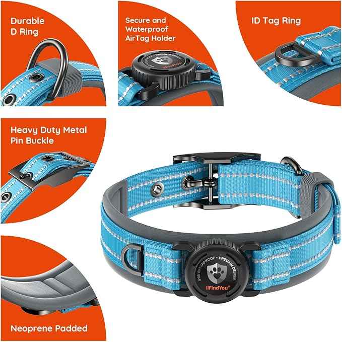 Upgraded AirTag Dog Collar with Holder, Waterproof Reflective Air Tag Dog Collar with Widened Comfortable Padding & Ultra-Durable Metal Buckle, Adjustable for Medium (Blue, Small)