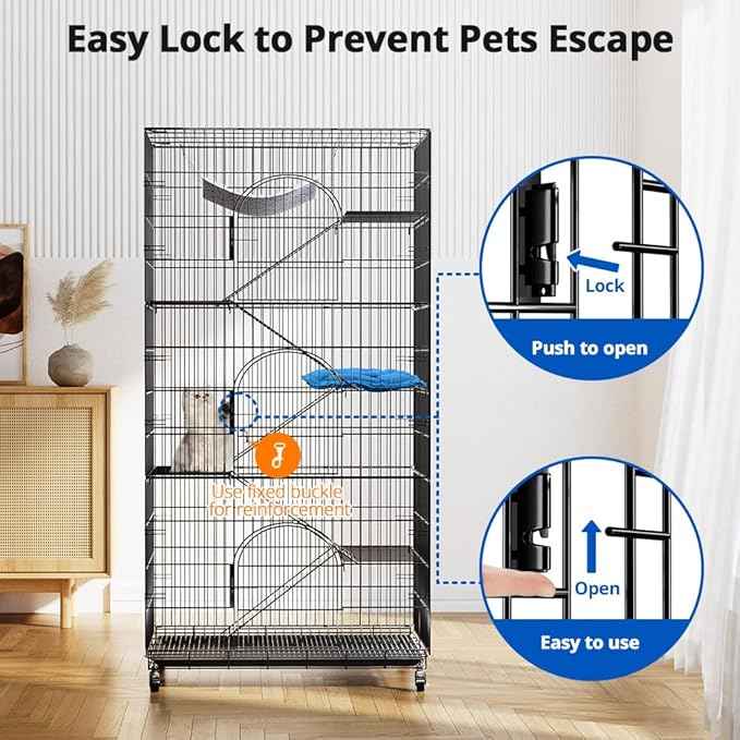 PawGiant 6-Tier Large Cat Cage Playpen, 72-inch Indoor/Outdoor Enclosure with 3 Doors, Hammock, Suitable for Cats, Kittens, and Small Animals
