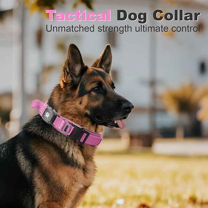 2026 Upgrade Dog Collar with IPX8 Waterproof AirTag Holder,Military Tactical Comfortable Control Handle and Ultra-Durable Metal Buckle/Night Reflective,GPS Collar for Medium to Large Dogs（Pink/XL）