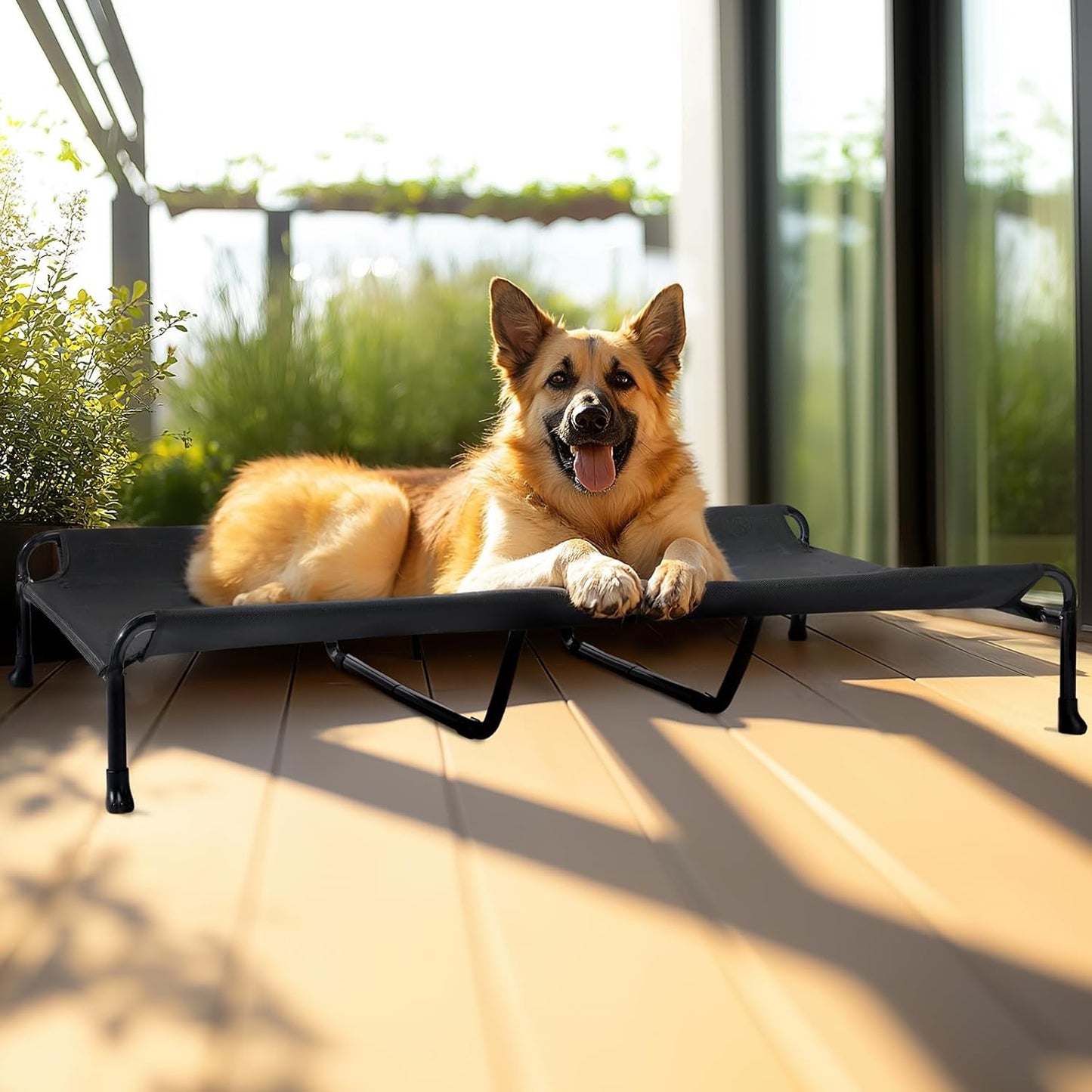 Veehoo Cooling Elevated Dog Bed, 59" x 37" Raised Dog Beds for Large Dogs, Outdoor Dog Bed with Guardrail, Upgraded Non-Slip Feet, Breathable Teslin Mesh, Portable Camping Dog Cot, Black - Pet Explorer