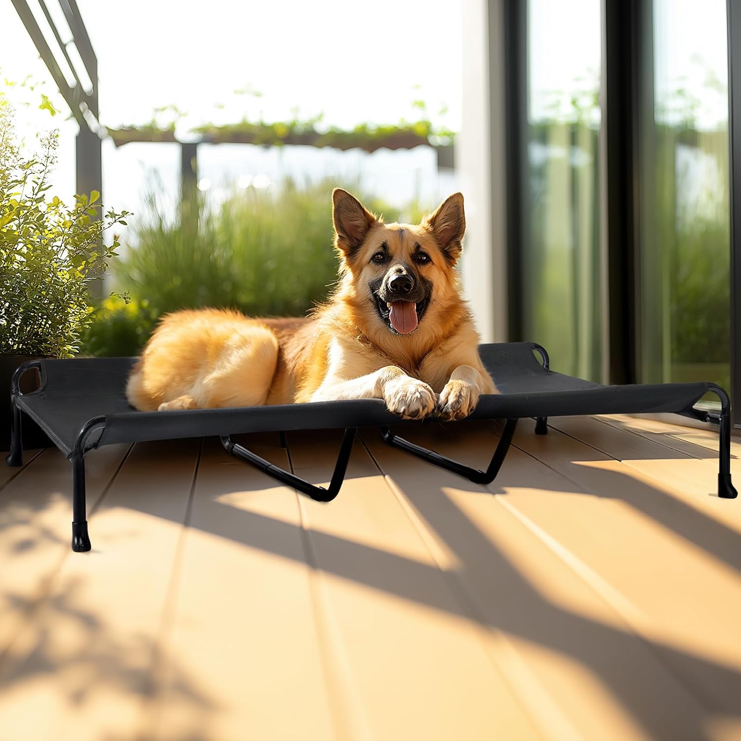 Veehoo Cooling Elevated Dog Bed, 59" x 37" Raised Dog Beds for Large Dogs, Outdoor Dog Bed with Guardrail, Upgraded Non-Slip Feet, Breathable Teslin Mesh, Portable Camping Dog Cot, Black - Pet Explorer