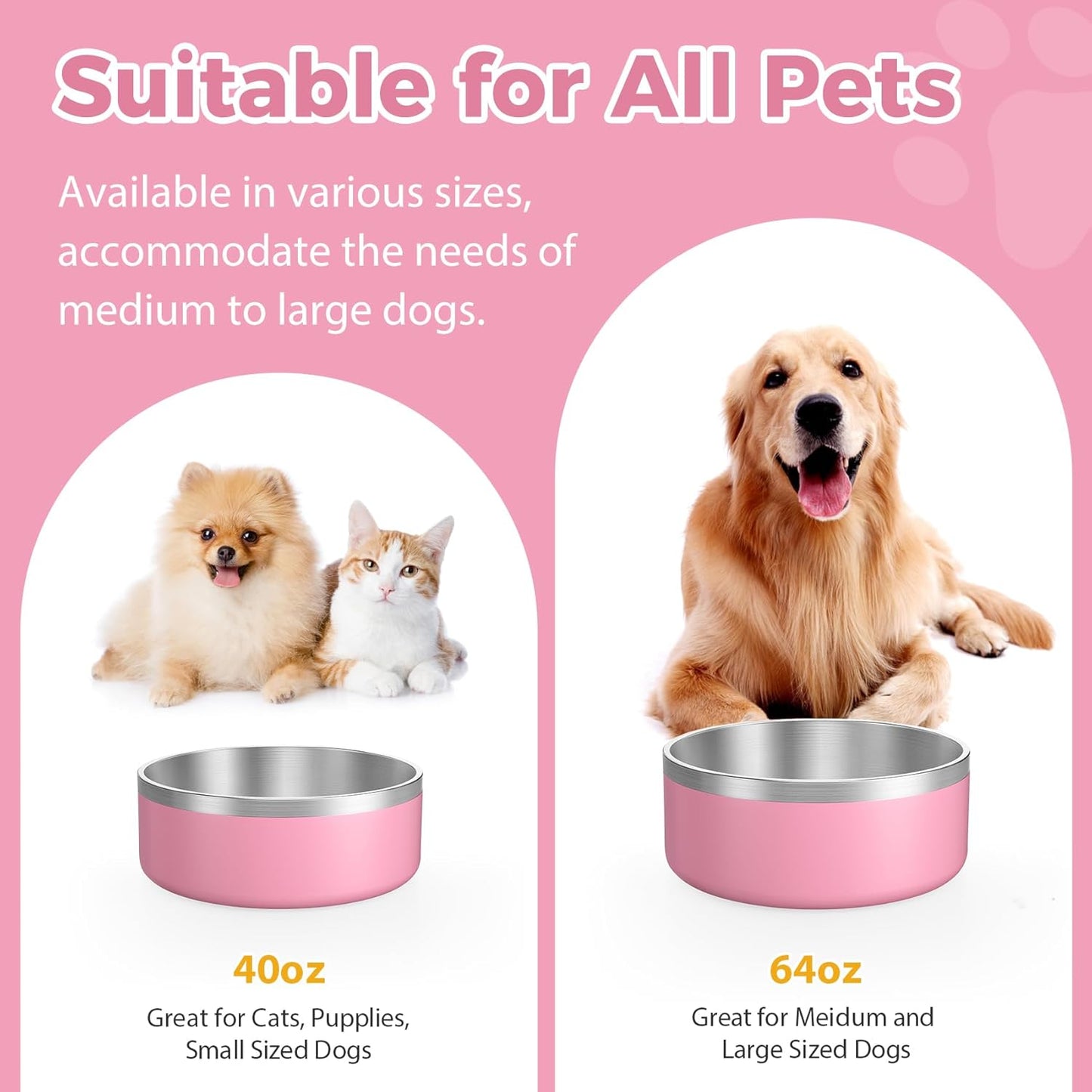 LIANLAI Dog Bowls, Rust-Resistant Stainless Steel Dog Bowls, Non-Slip Double-Walled Pet Dishes, Dishwasher Safe (Pink，40 oz) - Pet Explorer