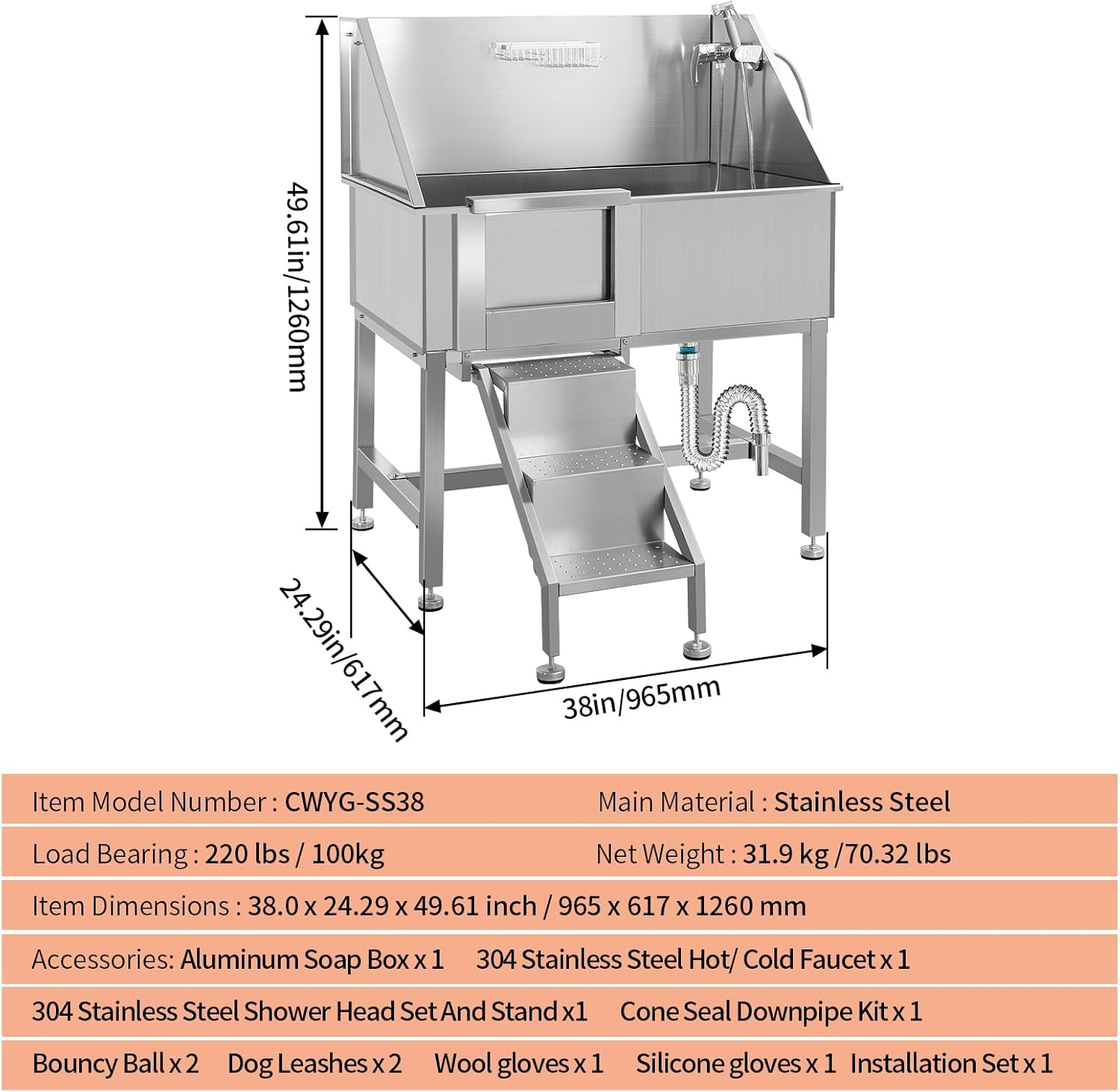 Dog Washing Station 38'' Stainless Steel Pet Grooming Tub for Large Dogs Over-Size Professional Dog Grooming Bathtub Station Wash Shower Sink Pet Grooming Bathtub Station,Left Door - Pet Explorer