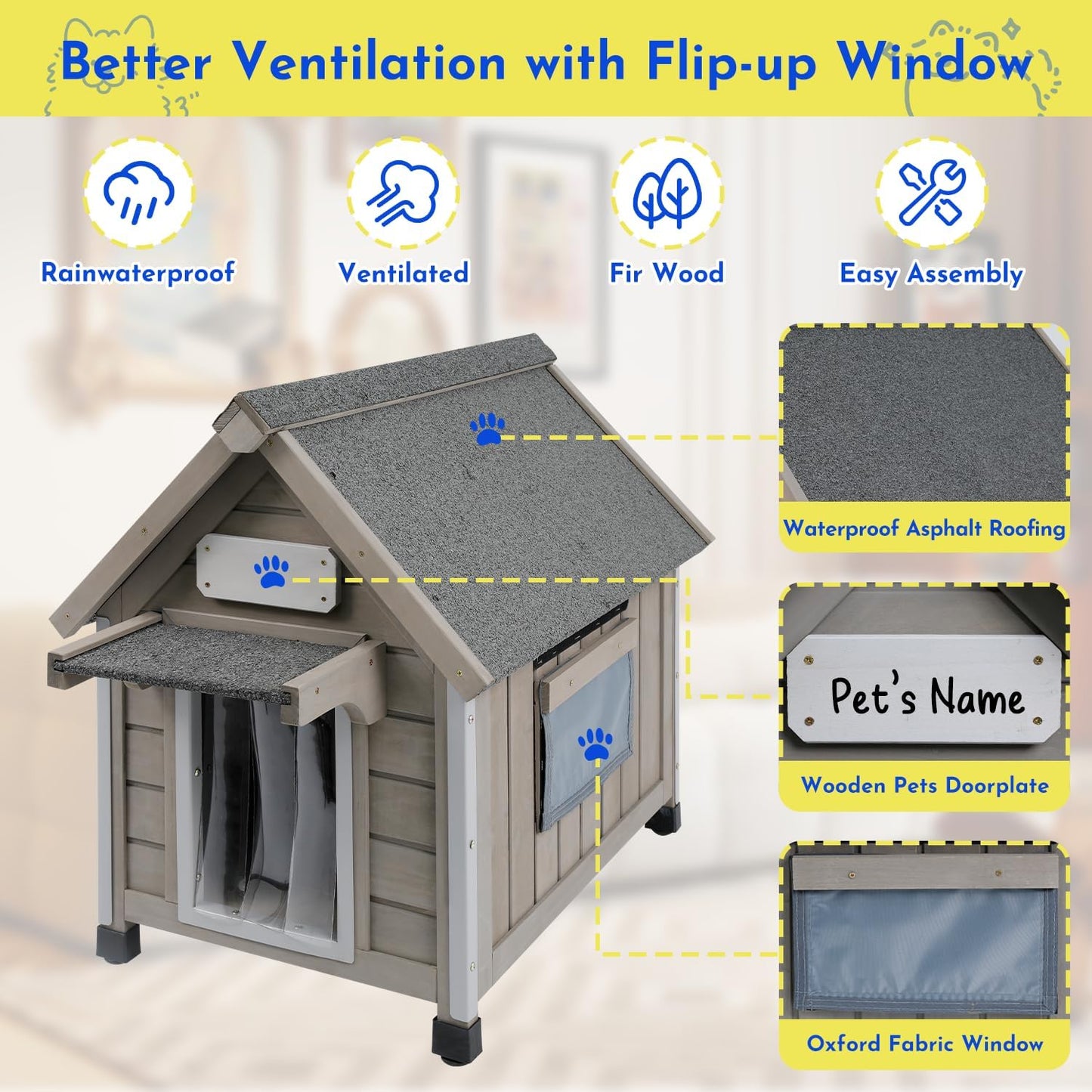 Outdoor Dog House Weatherproof Large Wooden Dog Kennel Indoor for Small Dogs with Chew-Proof Frame, Oxford Fabric Window, Removable Floor Pet Shelter (Grey, 18.1" D x 25.2" W x 24" H) - Pet Explorer