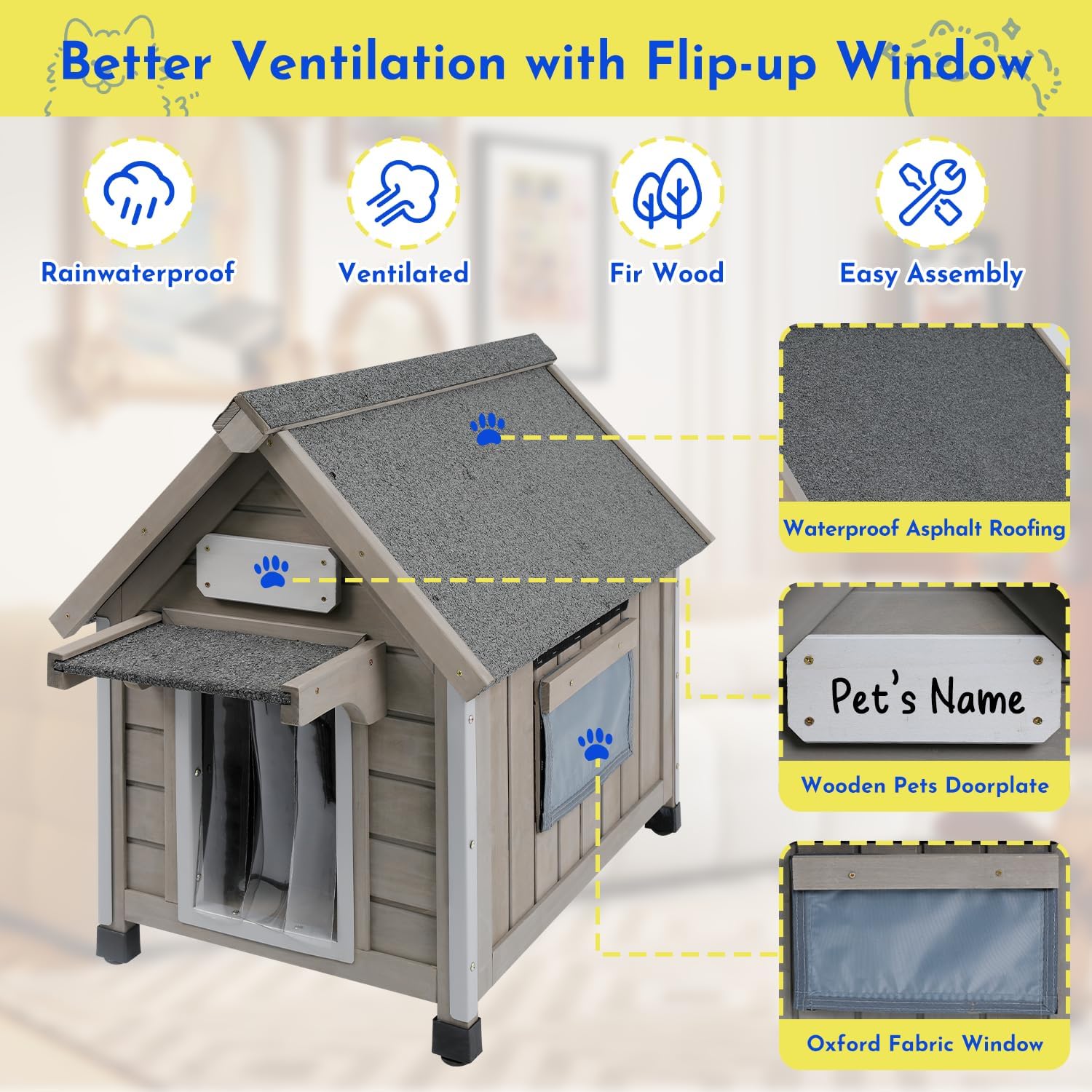 Outdoor Dog House Weatherproof Large Wooden Dog Kennel Indoor for Small Dogs with Chew-Proof Frame, Oxford Fabric Window, Removable Floor Pet Shelter (Grey, 18.1" D x 25.2" W x 24" H) - Pet Explorer