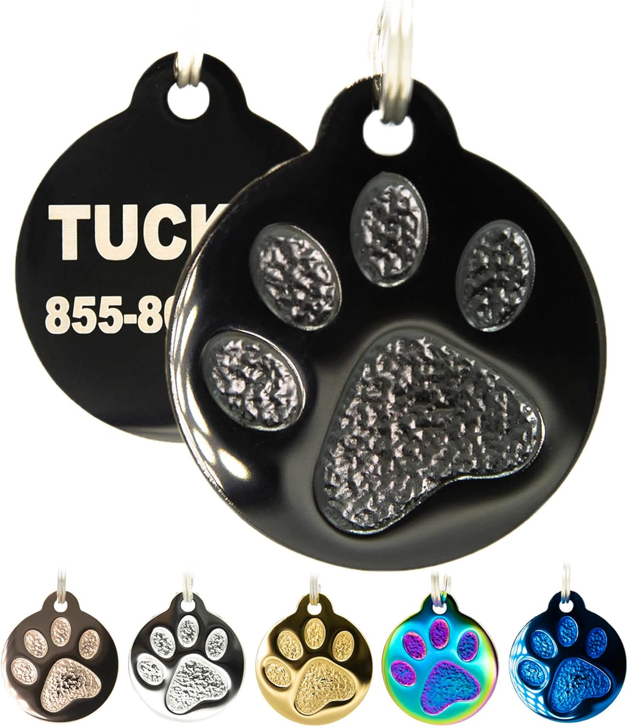 Engraved Pet Tag for Dogs and Cats - Personalized Front & Back up to 4 Lines of Text Custom Engraved ID, Round Paw Print Solid Plating Stainless Steel Black Regular - Pet Explorer