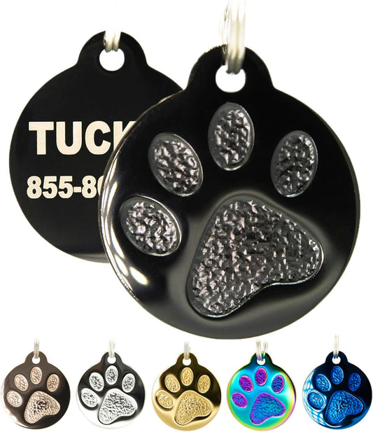 Engraved Pet Tag for Dogs and Cats - Personalized Front & Back up to 4 Lines of Text Custom Engraved ID, Round Paw Print Solid Plating Stainless Steel Black Regular - Pet Explorer