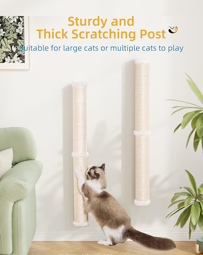 68" Cat Wall Scratcher, 2-Pcs of 34inch Tall Sisal Scratching Posts, Wall Mounted Cat Pole for Indoor Large Adult Cats Climb Stretch Play