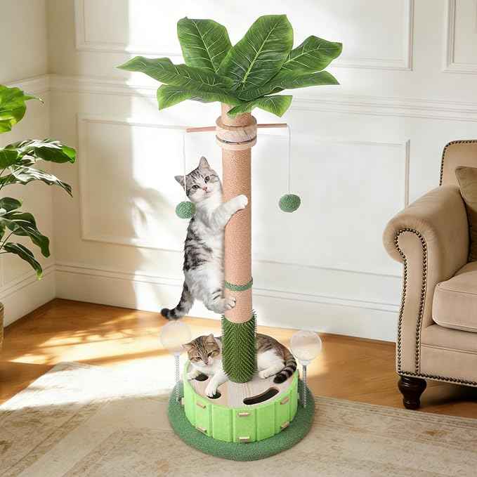 40" Tall Cat Scratching Post, Scratching Posts for Indoor Cats Adults and Kittens with Rotating Hanging Ball, Interactive Cat Puzzle Toy and Spring Cat Treat Dispenser, Palm Tree Scratch Post for Cats