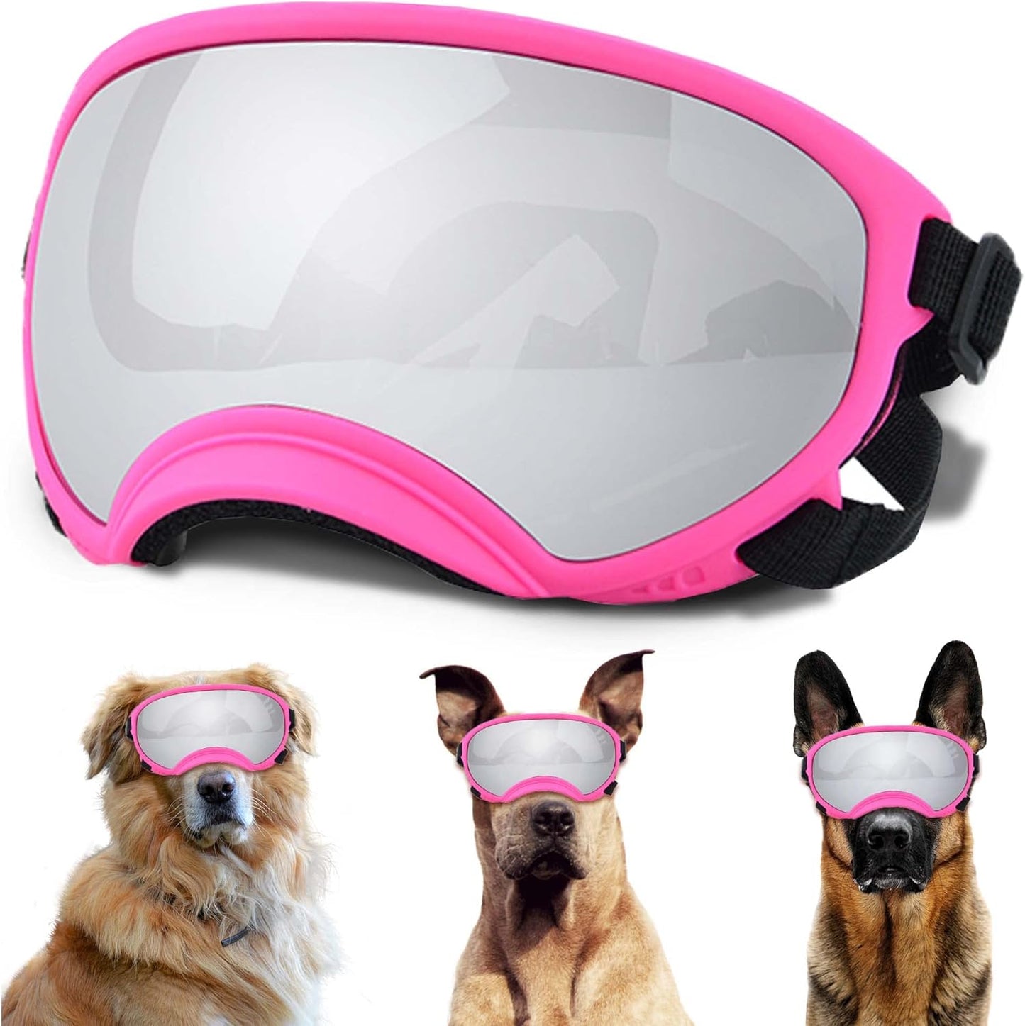 Large Dog Sunglasses with Adjustable Strap UV Protection, Winproof Puppy Sunglasses, Suitable for Medium-Large Pet Glasses, Dogs Eyes Soft Goggles, PinkSilver, (YD-23032706) - Pet Explorer