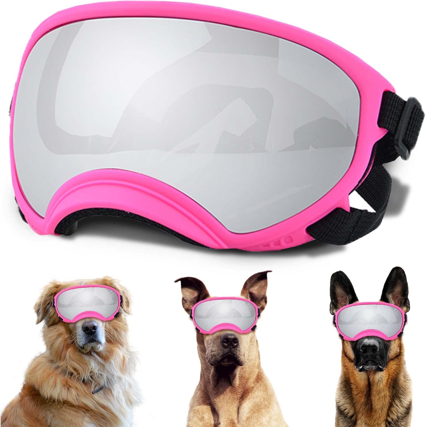 Large Dog Sunglasses with Adjustable Strap UV Protection, Winproof Puppy Sunglasses, Suitable for Medium-Large Pet Glasses, Dogs Eyes Soft Goggles, PinkSilver, (YD-23032706) - Pet Explorer