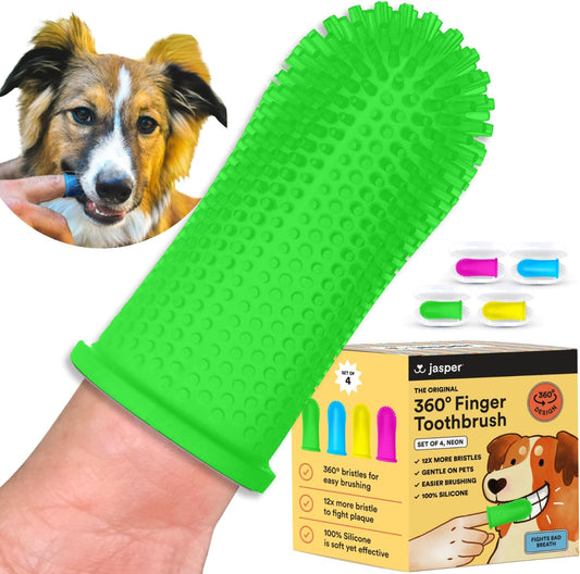 Jasper Dog Toothbrush, 360 Degree Pet Tooth Brushing Kit, Cat Toothbrush, Canine Dental Care & Teeth Cleaning Kit, Pet Finger Tooth Brush, Use with Dog Toothpaste, 4-Pack Neon - Pet Explorer