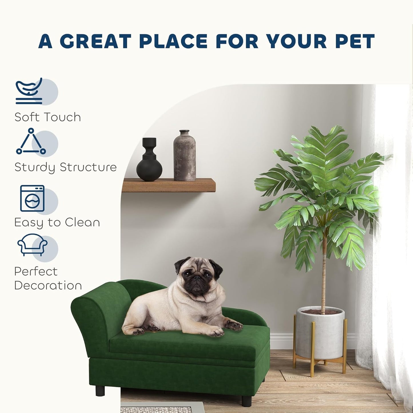 PawHut Luxury Fancy Dog Couch with Hidden Storage, Small Dog Sofa Bed with 2" Soft Foam, Modern Pet Furniture for Puppies & Little Breeds, Green