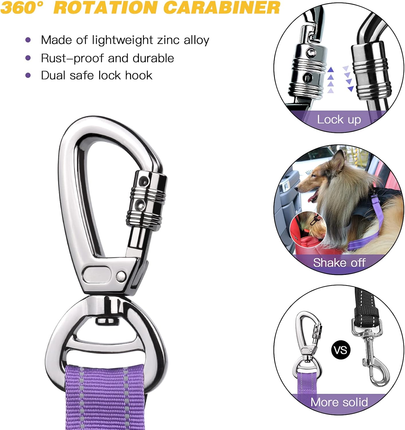 AUBELL Dog Seat Belt for Car,2 Pack Set 3-in-1 Adjustable Reflective Bungee Heavy Duty Dog Car Harness Tether with Clip Hook Latch & Buckle,Swivel Zinc Alloy Carabiner,Black+Purple - Pet Explorer
