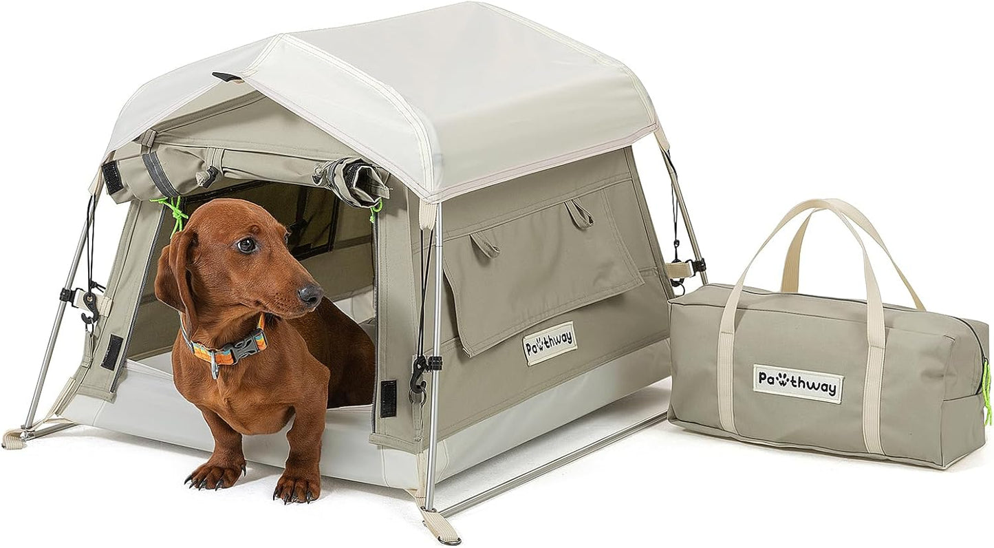 Dog Tent Cotton Fabric, Aluminum Poles and Camping Mat, Outdoor Weatherproof, Dog House Outdoor, Breathable with 2 Side Windows, Portable and Collapsible (Gray, Small) - Pet Explorer