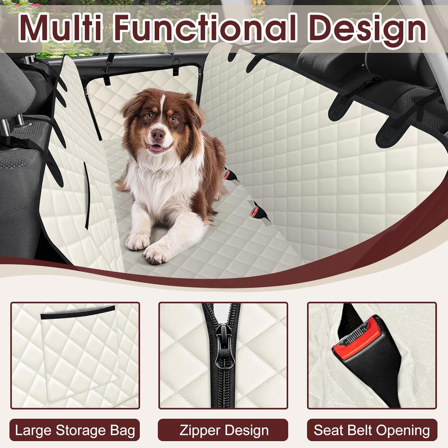 Dog Car Seat Cover, Durable Waterproof Scratch Proof Nonslip Dog Hammock, Pet Back Seat Covers with Pocket for Cars SUVs and Trucks - L, Beige/Black - Pet Explorer