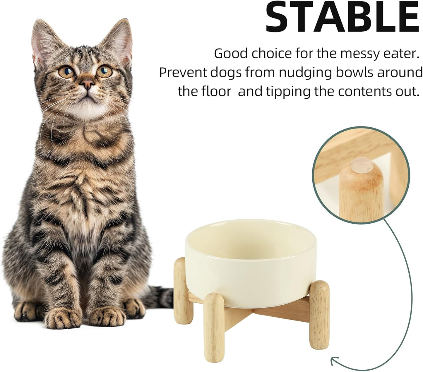 Ceramic 5.1inch Raised Dog and Cat Bowl Set, Elevated with Wooden Stand, Food and Water Bowl for Small Breed Dogs, Cats, Kitty, Weighted Dog Dishes, Pet Bowls(13.5oz, Beige) - Pet Explorer