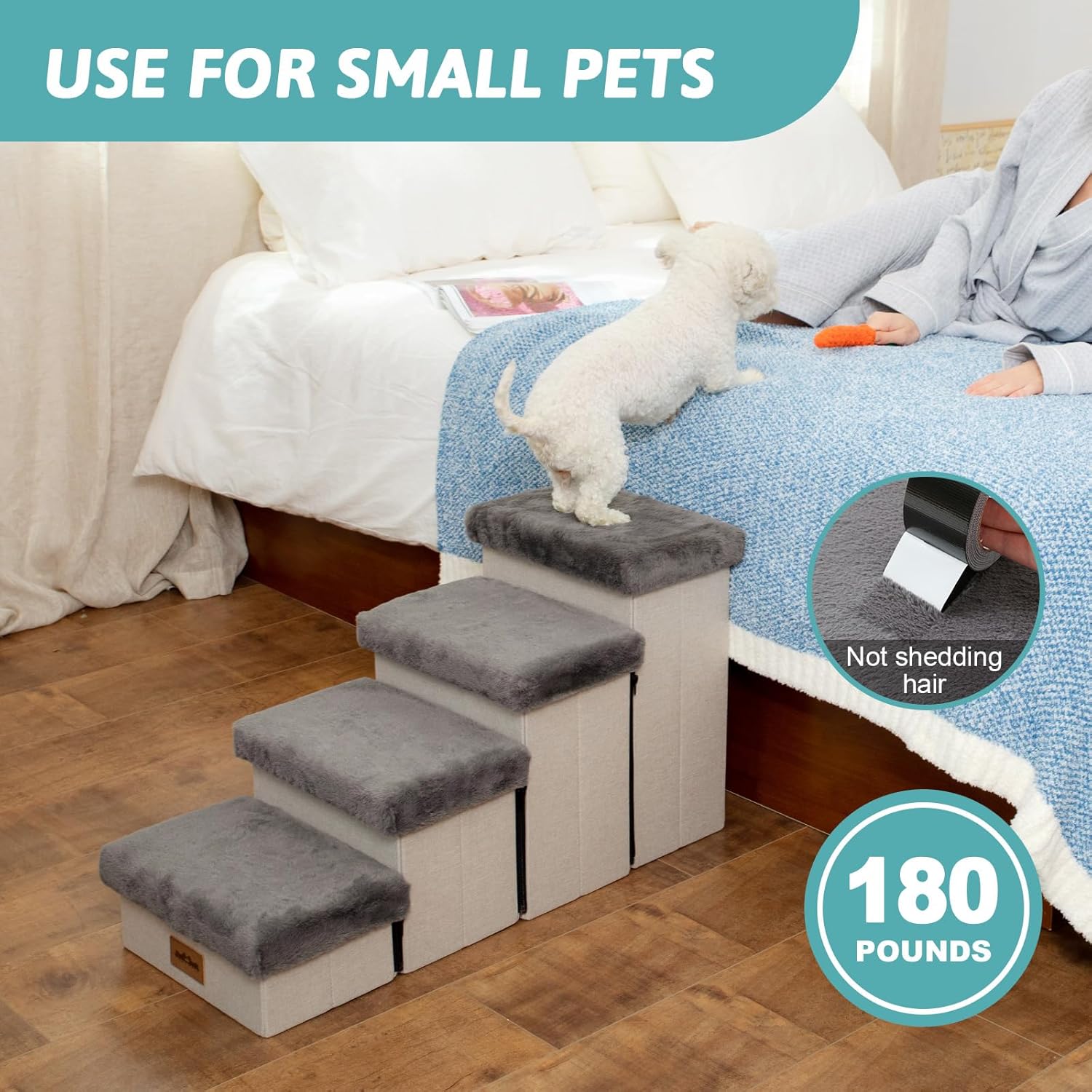 Dog Stair for Small Dogs with Storage, Foldable Pet Step with Soft Cover, Older Cat Ramp for Chair Couch Sofa, Lightweight, Durable, Comfort, 33x13x17.7 inch, 4 Tiers Grey - Pet Explorer