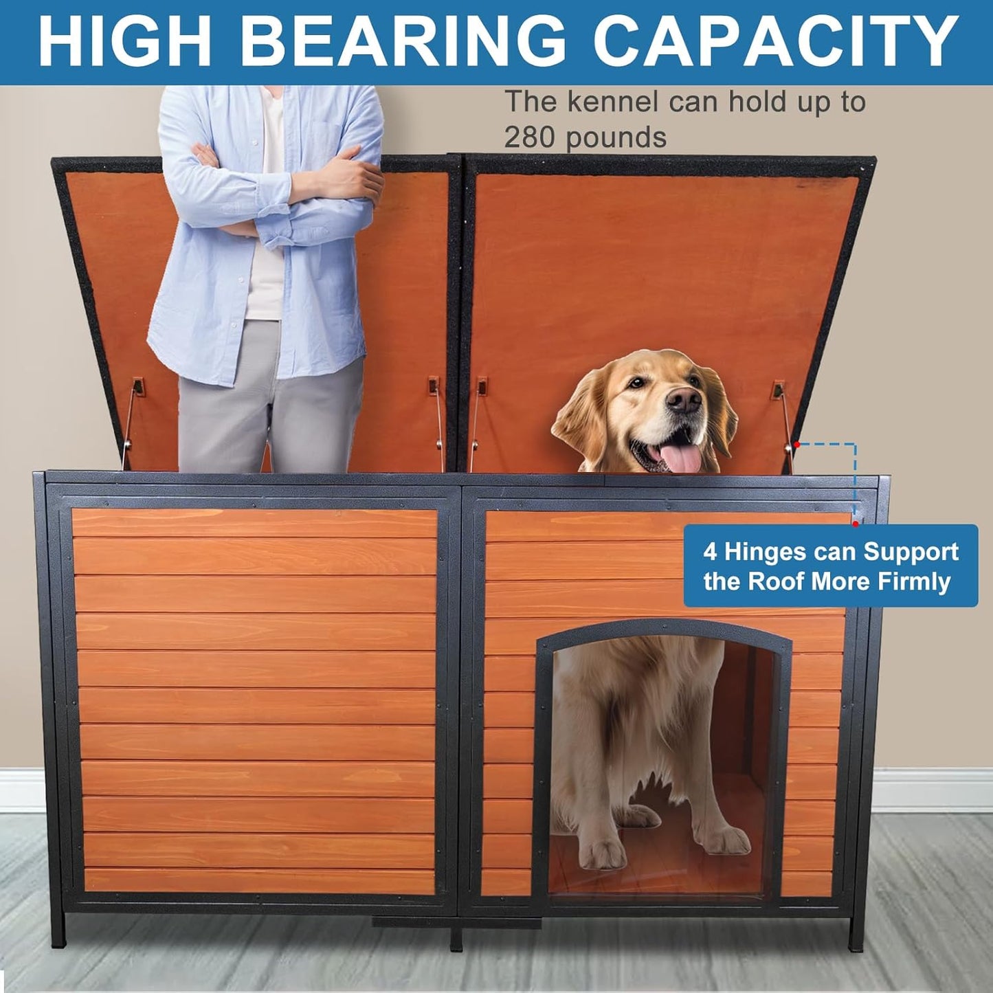 Extra Large Dog House Outdoor Weatherproof 59.1" Outside Wooden Dog Kennel, Chewproof Strong Iron Frame Window - Pet Explorer