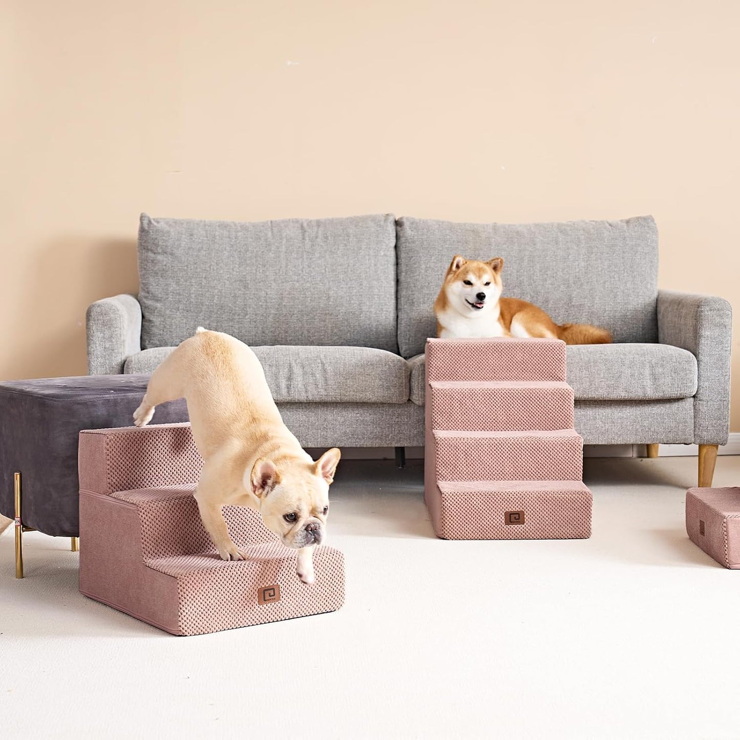 EHEYCIGA Dog Stairs for Small Dogs 13.5" H, 3-Step Dog Steps for Couch Sofa and Chair, Pet Steps for Medium Cats, Non-Slip Balanced Pet Ramp Indoor, Pink - Pet Explorer