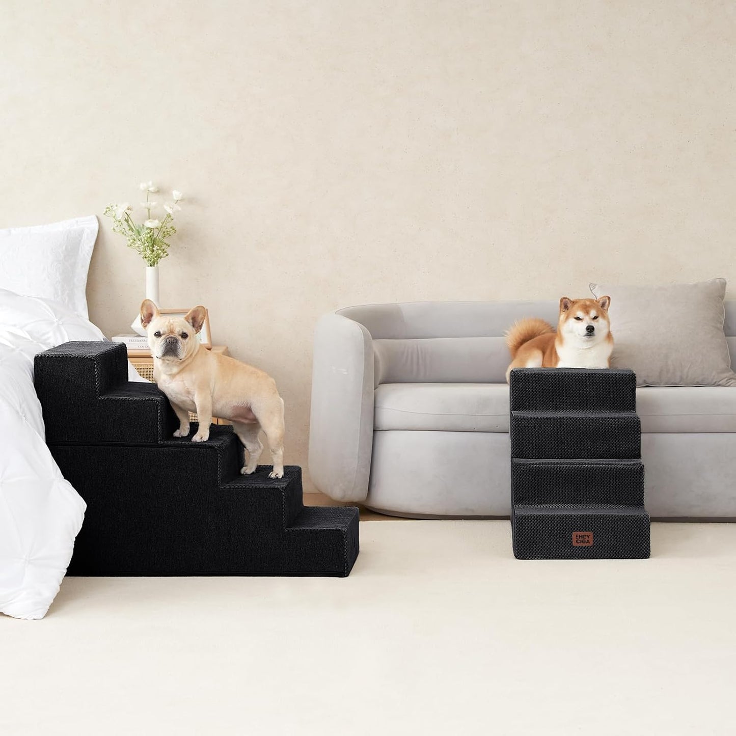 EHEYCIGA Dog Stairs for High Bed 25" H, 5-Step Extra Wide Dog Steps for Bed, Pet Steps for Small Dogs and Cats, Non-Slip Balanced Pet Ramp Indoor, Black - Pet Explorer