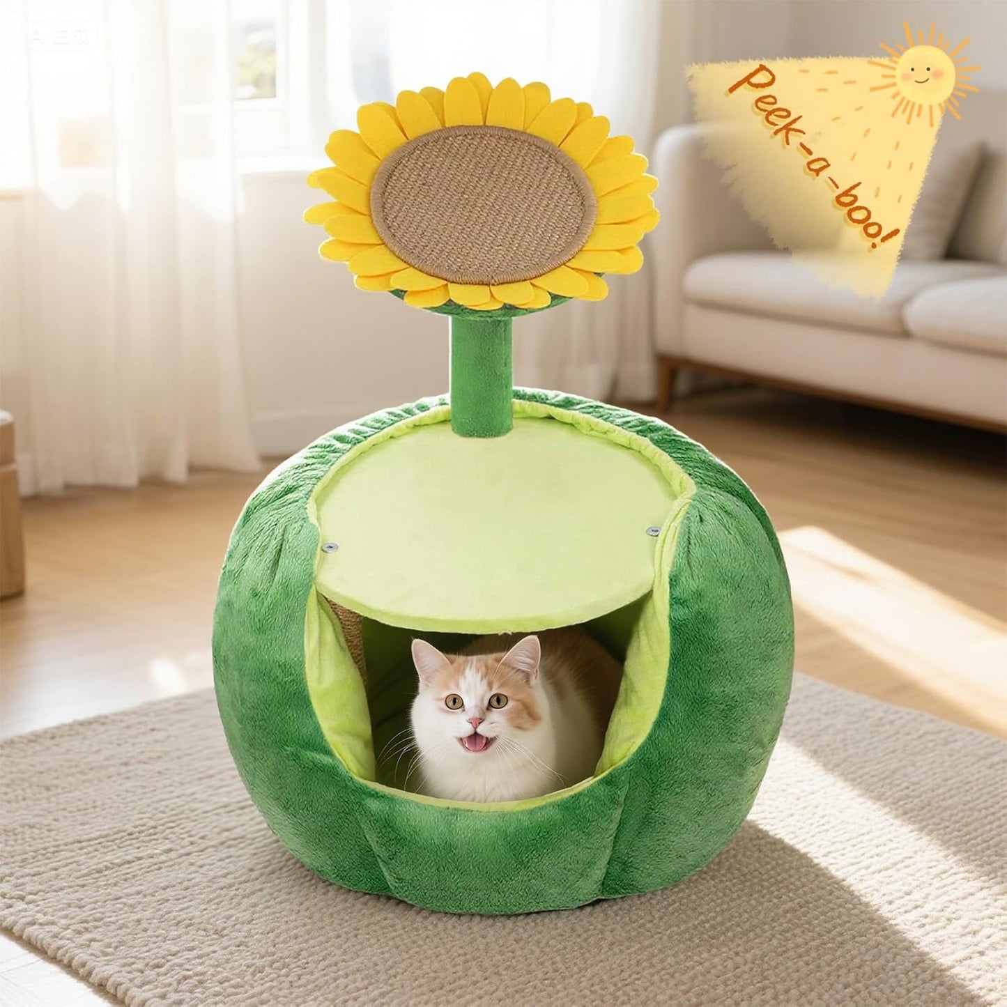 Cat Houses for Indoor Cats, Small Cat Tree with Sisal Mat and Plush Perch, Cute Cat Bed Cave with Soft Pillow, Sunflower Design - Pet Explorer