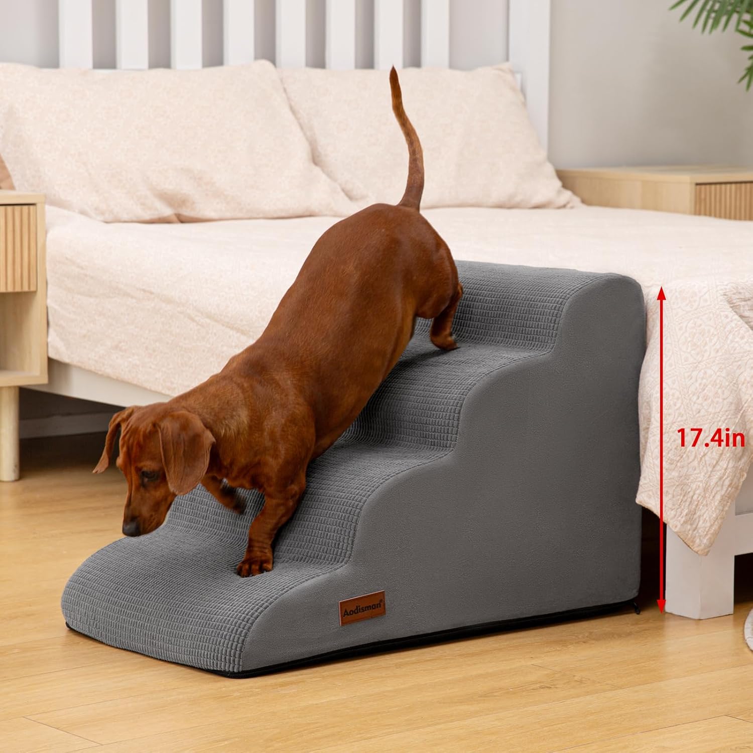 4-Step Dog Stairs and Ramp for Beds or Couches – Non-Slip Sturdy Pet Steps for Small Dogs and Cats,17.4" H,Grey - Pet Explorer