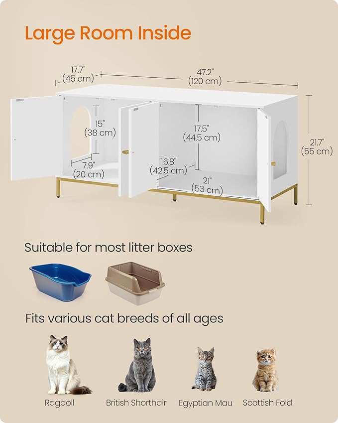 Feandrea Double Cat Litter Box Enclosure, Hidden Litter Box Furniture with Double Room, for 2 Cats, Modern Style, 47.2" Pet House Washroom Cabinet, Side End Table, TV Stand, White and Gold