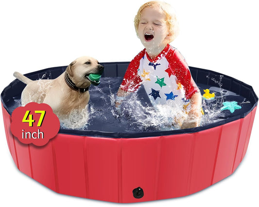 Foldable Dog Pool, 47" x 12" Kiddie Pool with Hard Plastic, Non-Slip Dog Bath Tub for Outdoor Backyard, Collapsible Dog Swimming Pool for Kids Dogs Pets (Red) - Pet Explorer