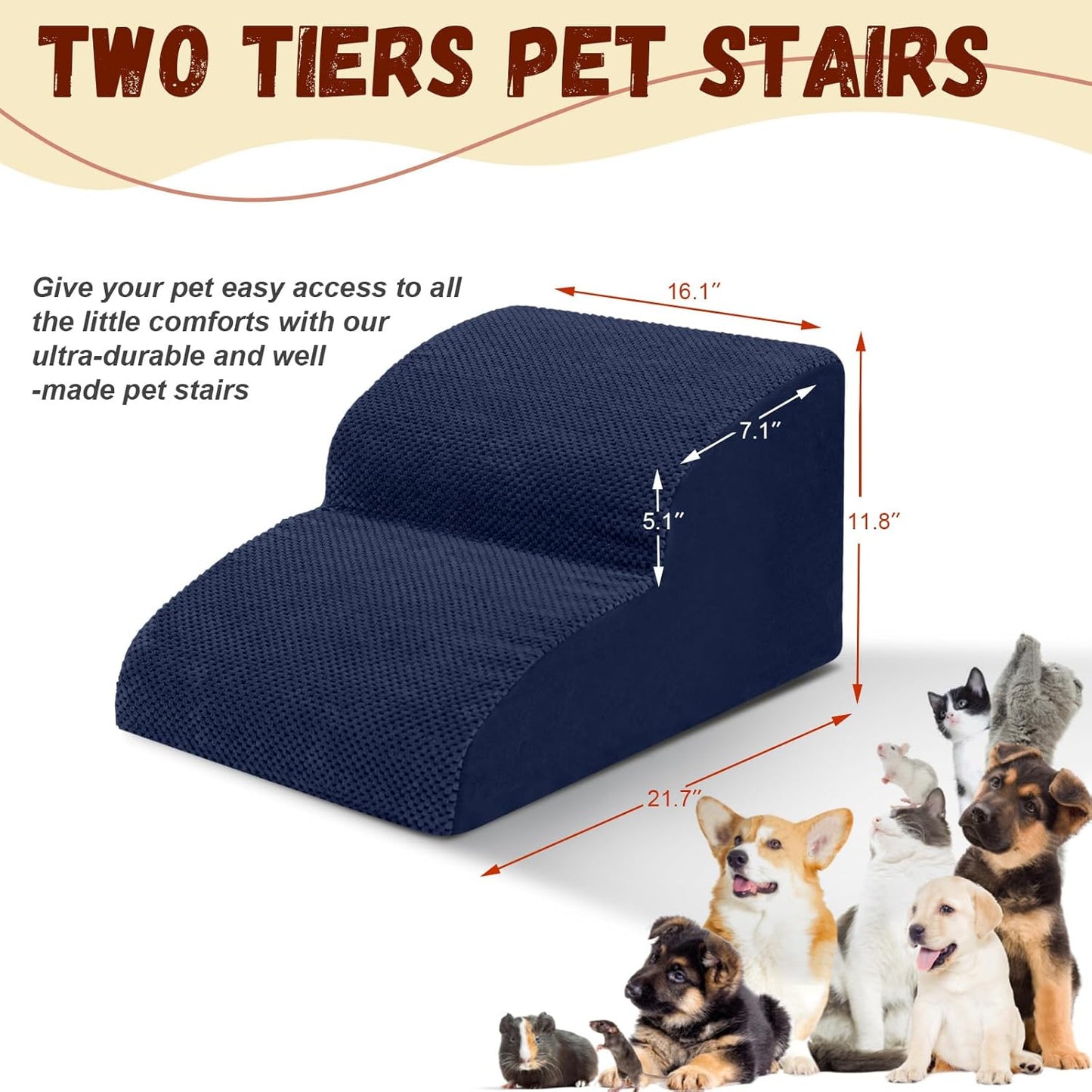 Dog Stairs for Small Dogs - High Density Foam Pet Steps, Extra Wide Dog Ramp with Non-Slip Bottom for High Beds, Couch and Sofa, Best for Dogs Injured, Older Doggy Cats,2 Steps, Navy - Pet Explorer