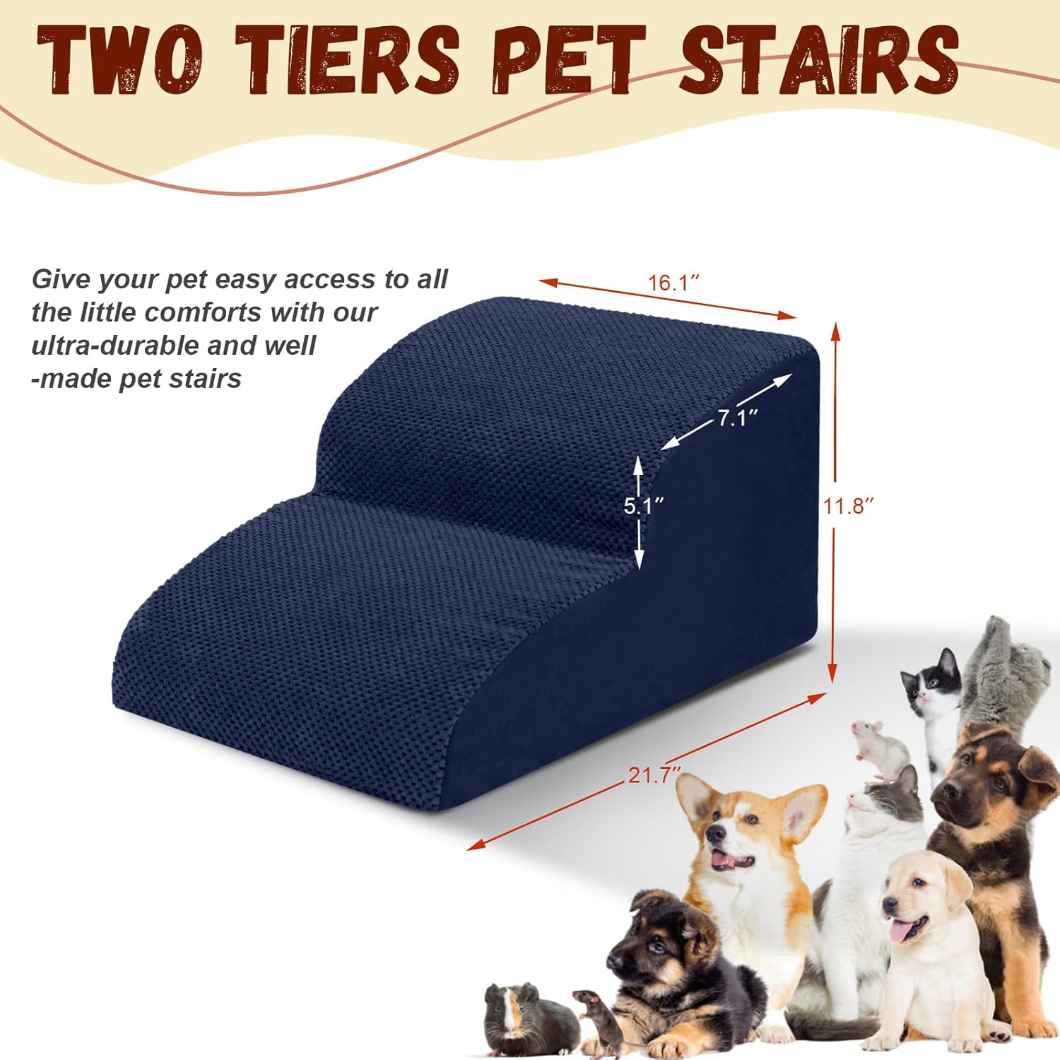 Dog Stairs for Small Dogs - High Density Foam Pet Steps, Extra Wide Dog Ramp with Non-Slip Bottom for High Beds, Couch and Sofa, Best for Dogs Injured, Older Doggy Cats,2 Steps, Navy - Pet Explorer