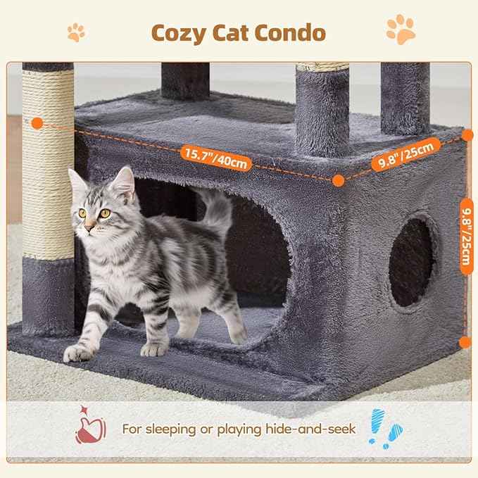 Taoqimiao Cat Tree,38.5-Inch Cat Tower for Indoor Cats,Suitable for Kittens with Luxurious cat condo with Adjustable Baskets and Luxurious Perch MS029SG Smoky Gray