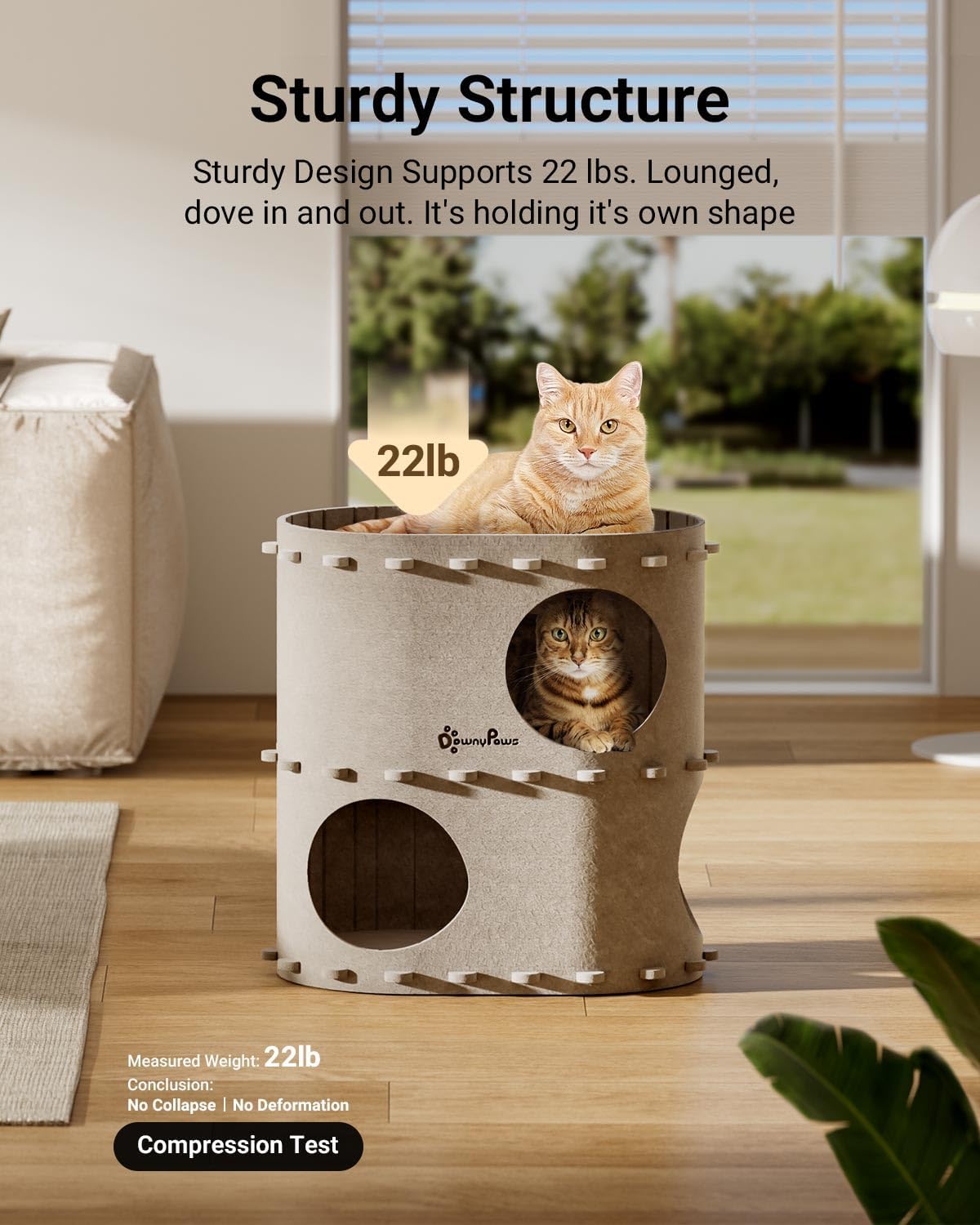 DownyPaws Cat House for Indoor Cats, 2-Storey Foldable Cat Bed Cave, Felt Cats Tunnel Bed Condo, Castle Kitten Cube Hideaway for Multicats, Scratch Resistant, Cream - Pet Explorer