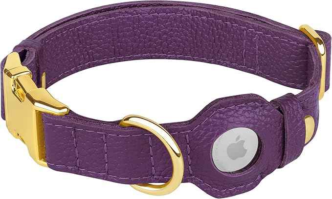 Leather Airtag Dog Collar - Soft Tracking Dog Collar with Apple AirTag Holder and Metal Buckle - Safety GPS Pet Collars for Small Medium Large Dogs Puppy Pink Red (Purple, XL, 20"-25" Neck Fit)