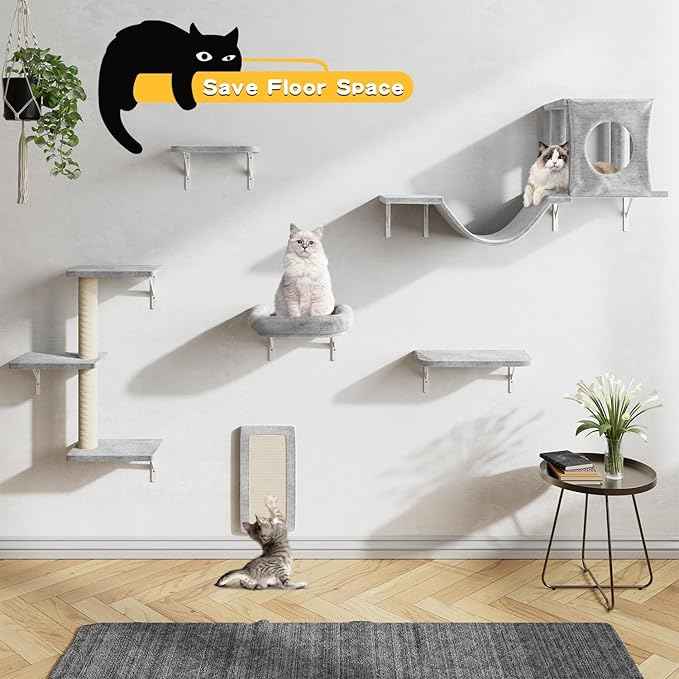 NUNU LAB Wall Mounted Cat Wall Shelves, 12-in-1 Cat Wall Climber with Condos House, Scratching Post, Bridge Ladder, Indoor Space-Saving Furniture for Kittens Play, Gray