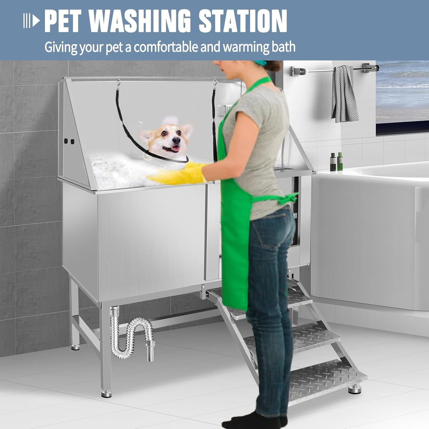 50" Pet Dog Bathing Station W/Ramp, Professional Stainless Steel Dog Grooming Tub W/Soap Box, Faucet,Rich Accessory, Dog Bathtub for Large,Medium,Small Pets, Washing Sink for Home (50" Right ramp) - Pet Explorer