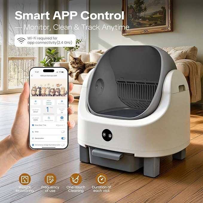OROLEY Self Cleaning Litter Box, Automatic Litter Box,Odor Control Robot, Cat Ears Design, 96L APP Real-Time Monitor, Cat Litter-Boxs for Multiple Cats,Infrared Safety Sensor, with 1 Trash Bag (Gray)