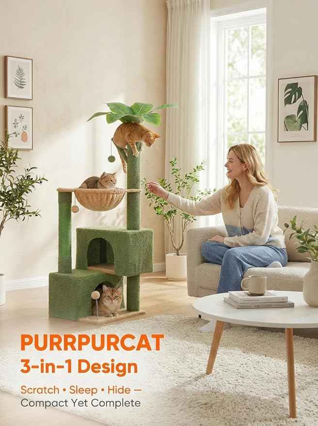 45-Inch Green Cat Tree with 2 Condos for Indoor Cats,Cat Tower with Scratching Posts for Small Cats,Cactus Cat Tree Tower with Hammock and Cat Toys