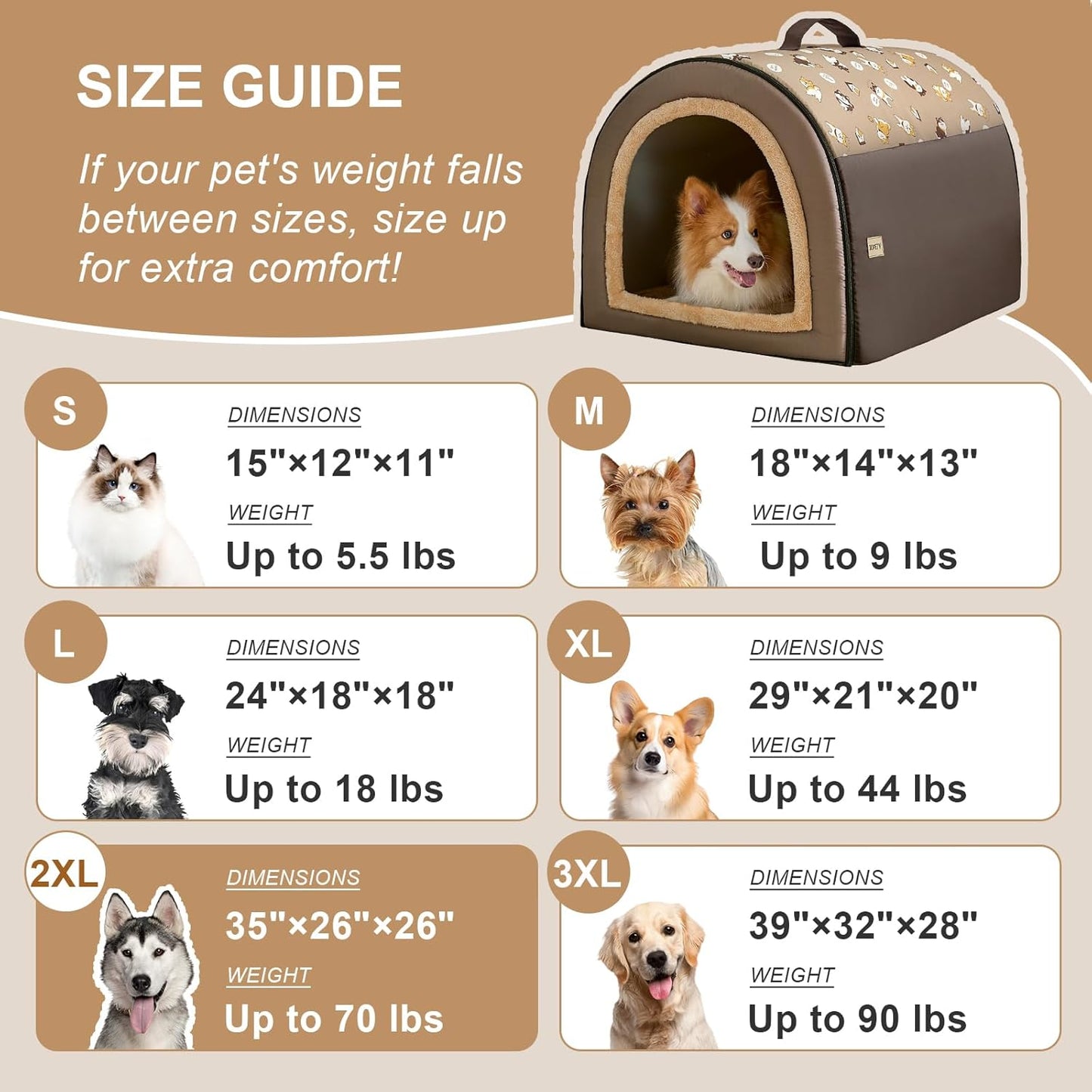 Jiupety 2 in 1 Dog House Indoor, Comfy Cave Bed Covered Dog Bed, Portable House for Medium and Large Dogs, 2XL(35"×27"×26"), Up to 70 Lb, Brown - Pet Explorer