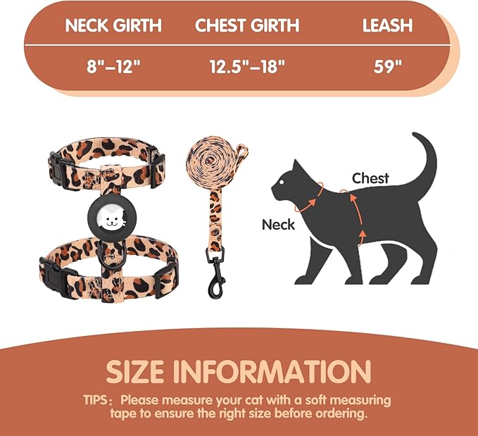 BINGPET Cat Harness with Airtag Holder, Cat Harness and Leash Set Escape Proof for Walking Travel Outdoor, Soft Adjustable Kitten Harnesses for Small Medium Large Cats, Leopard(Chest:12.5"-18")