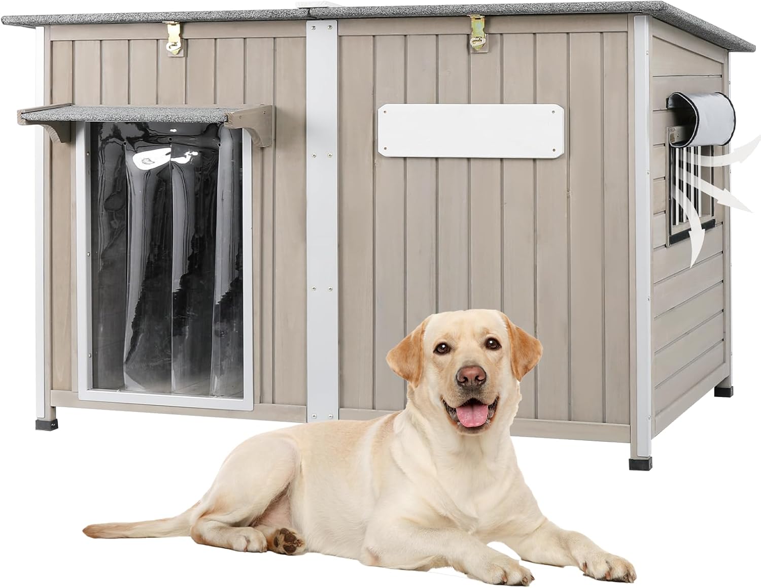 Dog House Outdoor Weatherproof & Wooden Dog Kennel with Chew-Proof Iron Frame，Removable Floor, Adjustable Vent Window, Easy Assembly for Large and Extra-Large Dogs 55.1" D x 33.1" W x 34.8" H - Pet Explorer